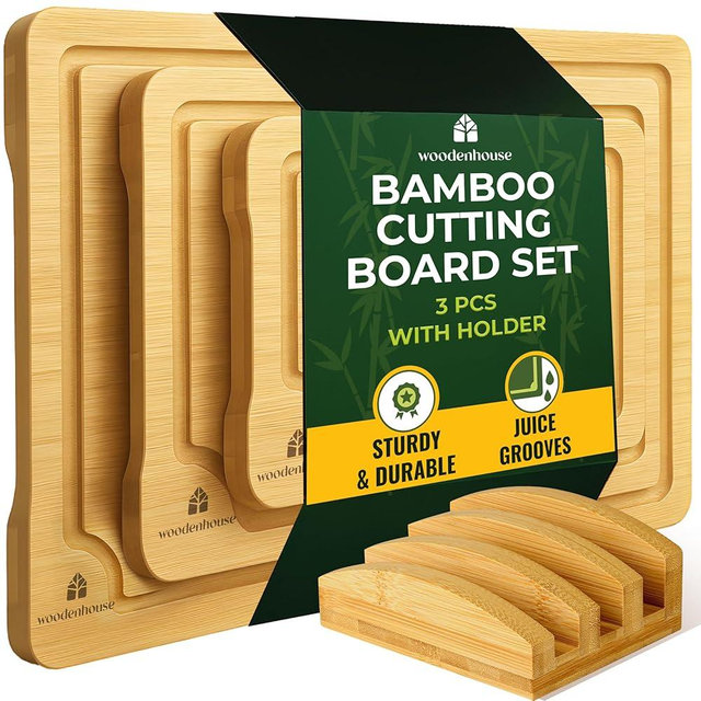 Bamboo Cutting Board Set of 3 with Holder – Durable Wooden Boards for Kitchen, Chopping & Serving – Eco-Friendly by Woodenhouse