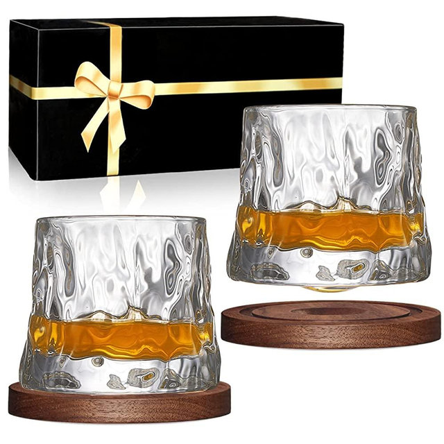 Whiskey Glasses Set of 2, Rotatable Tumbler Crystal Glass Cups, Drinking Glasses with 2Pcs Creative Walnut Coasters and Gift Box - for Scotch,Bourbon,Cocktails