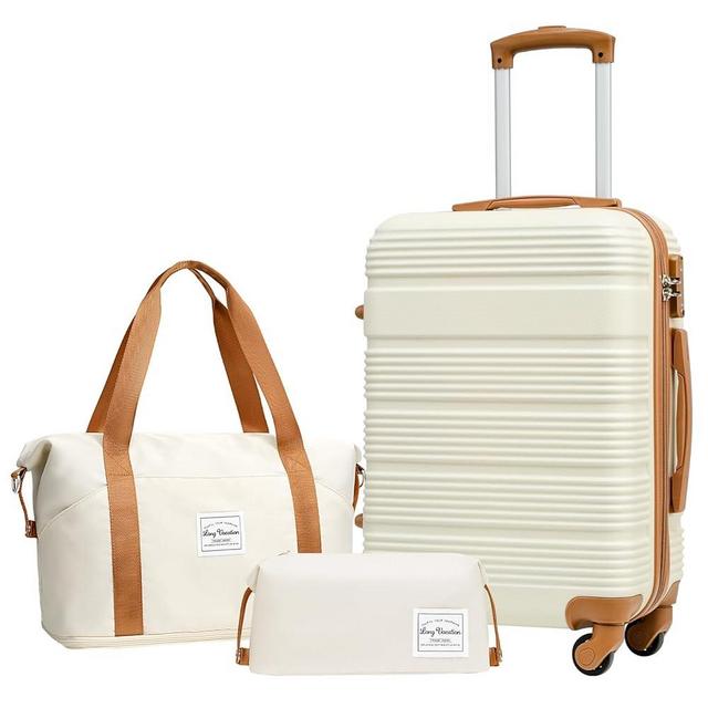 LONG VACATION Luggage Set 20 IN Carry on Suitcase ABS Handshell Luggage 3 Piece Set with TSA Lock Spinner Wheels (3 piece set (DB), WHITE-BROWN)