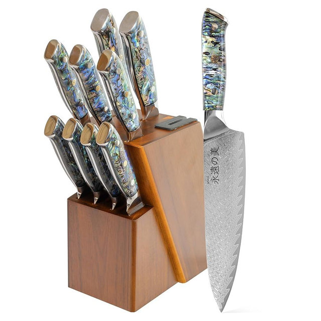 Seveat Damascus Kitchen Knife Set, 67-Layer Damascus Steel, Professional Chef Knives Set for Kitchen, Ergonomic Wood & Resin Handle (Blue, 9 pieces with Wooden Block)