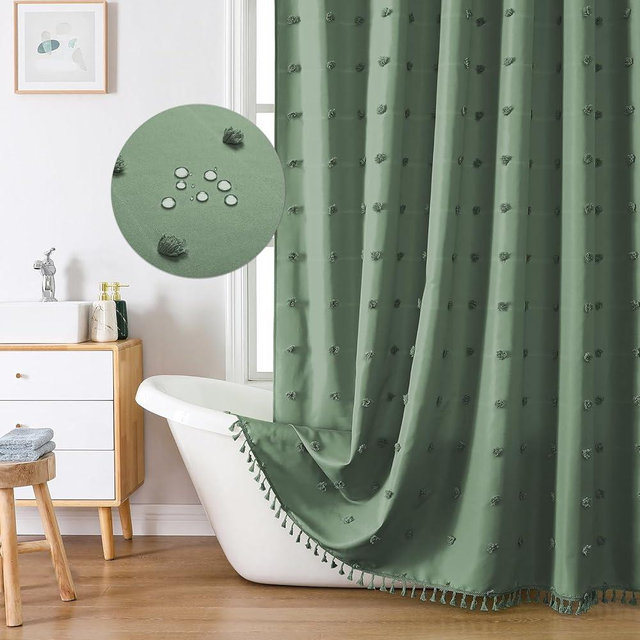 LilyCat Boho Farmhouse Dark Green Fabric Shower Curtain, 72x72 Tufted Pleat Floral Puffs Textured Tassel Cute Rustic Vintage Shower Curtain for Bathroom, Minimalist Cloth Shower Curtain Set with Hooks