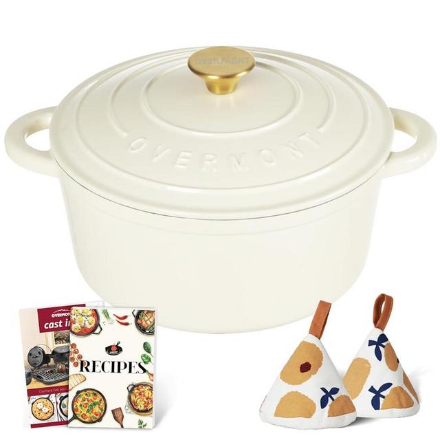 Overmont Enameled Cast Iron Dutch Oven - 5.5QT Pot with Lid Cookbook & Cotton Potholders - Heavy-Duty Cookware for Braising, Stews, Roasting, Bread Baking White
