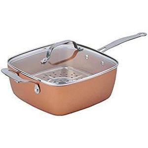 Pottella Deep Square 9.5” Nonstick Copper Pan Chef 5 Piece Set Frying Basket, Steamer Tray with Bonus World Cuisine Cookbook
