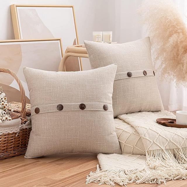 Pack of 2 Burlap Linen Throw Pillow Covers with Buttons, Rustic Farmhouse Decorative Boho Square Pillowcases Cushion Throw Pillows for Couch Sofa Living Room Outdoor Decor, Cream White 18 x 18 Inch