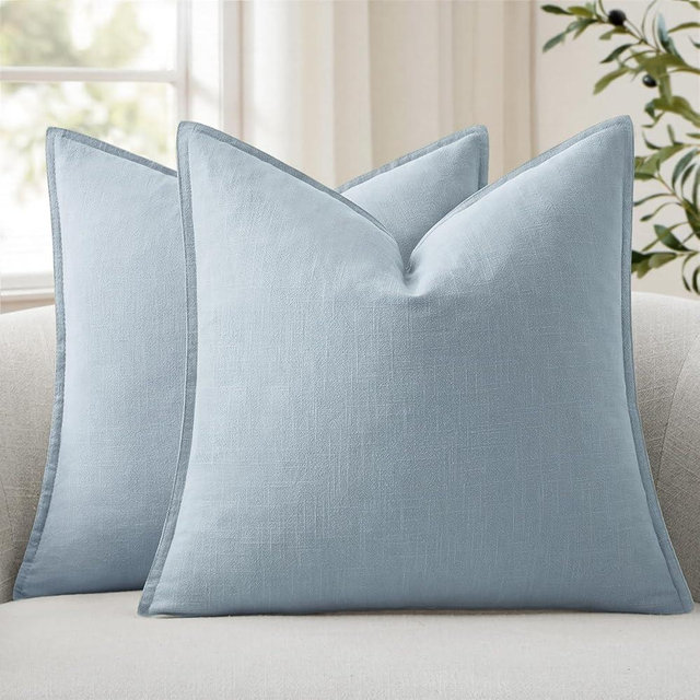 ANRODUO Pack of 2 Decorative Linen Pillow Covers Light Blue Neutral Farmhouse Boho Soild Cushion Case Soft Accent Pillowcase for Couch Sofa Bedroom Living Room Home Decor 20 x 20 Inch