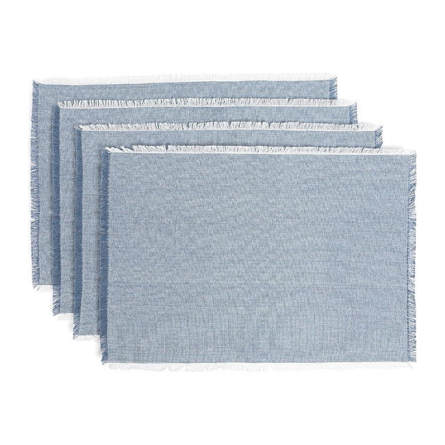 over&back Set of 4 Woven Frayed Chambray Placemats - Colorful Dining Table Mat - Hand-Finished Frayed Edges - 100% Cotton - Machine Washable - Kitchen and Home Decor - Blue - 14" L X 20" W