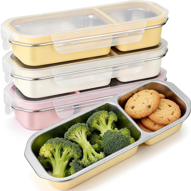 FoldTier 3 Pack Stainless Steel Snack Container for Adults 2-compartment Leak-proof Lunch Box for Work, Travel 10.6 x 4.1 x 2 Inch Stackable Reusable Metal Bento Box (Pink,Yellow,White)
