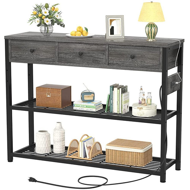 Ecopriso 47'' Entryway Table with Outlets and USB Ports, Console Table with 3 Drawers, Sofa Table Narrow Long with Storage Shelves for Living Room, Couch, Hallway, Foyer, Kitchen Counter, Grey