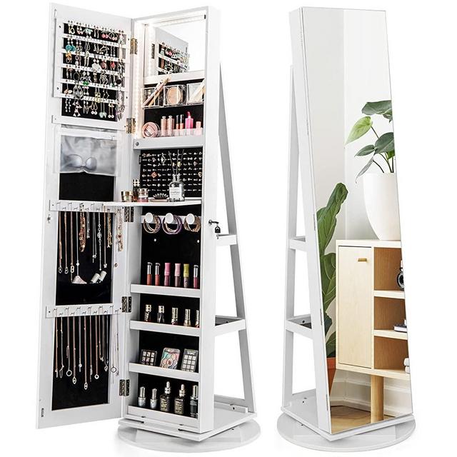 CHARMAID 63.5"H Jewelry Armoire with Full Length Mirror 360° Swivel, 3-Color LED lights, Rear Storage Shelves, Lockable Standing Jewelry Cabinet Organizer with Large Storage Capacity (White)