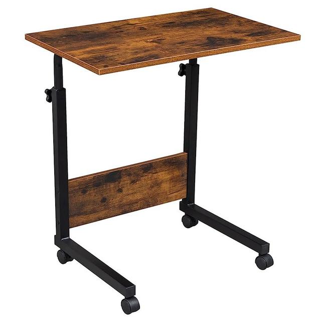 Goujxcy Sofa Side Table C Shaped End Table with Wheels, Rolling Bedside Laptop Table Snack Table TV Tray, Height Adjustable, Wooden Top & Metal Frame