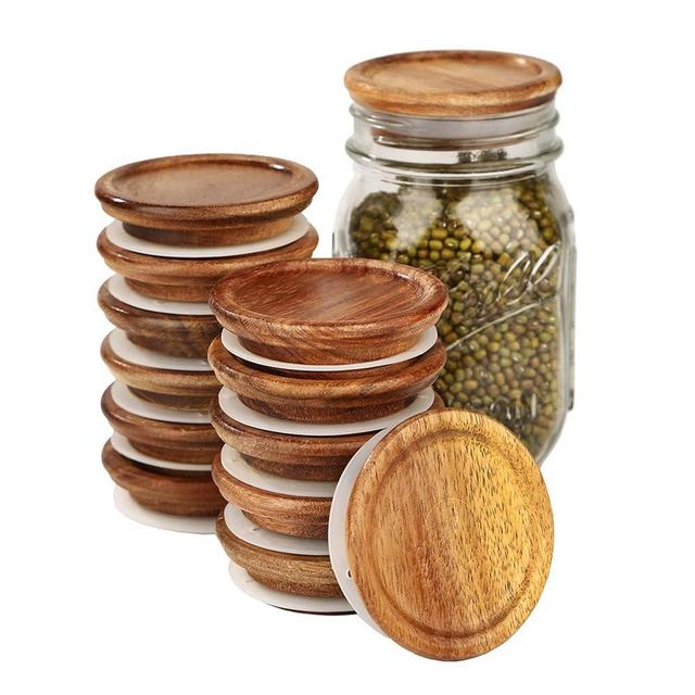 12 Pack Regular Mouth Mason Jar Lids, Reusable Canning Lids with Wooden and Silicone Seals - Perfect for Canning and Preserving in Mason Jars, Brown