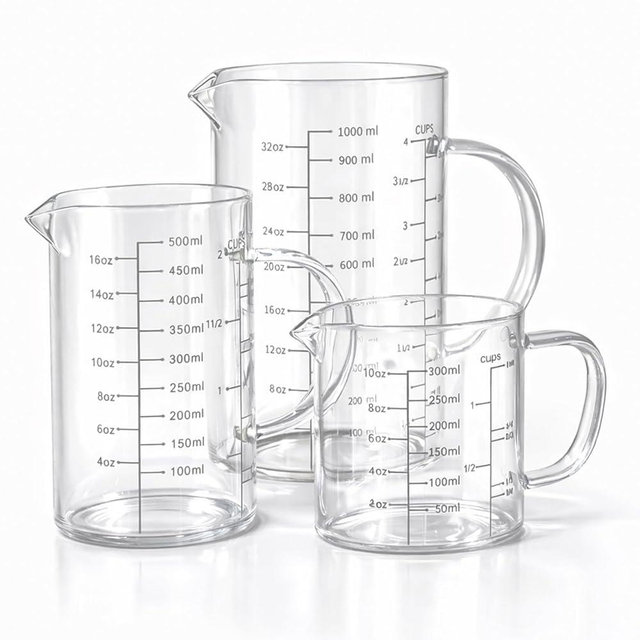 77L 3 Pack Glass Measuring Cup Set (1 1/4, 2 & 4 Cup) [Insulated handle, V-Shaped Spout], High Borosilicate Liquid Glass Measure Cup for Kitchen, Easy To Read, Dishwasher, Freezer, and Microwave Safe