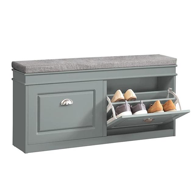 Haotian FSR64-HG, Grey Storage Bench with Drawers & Padded Seat Cushion, Hallway Bench Shoe Cabinet Shoe Bench