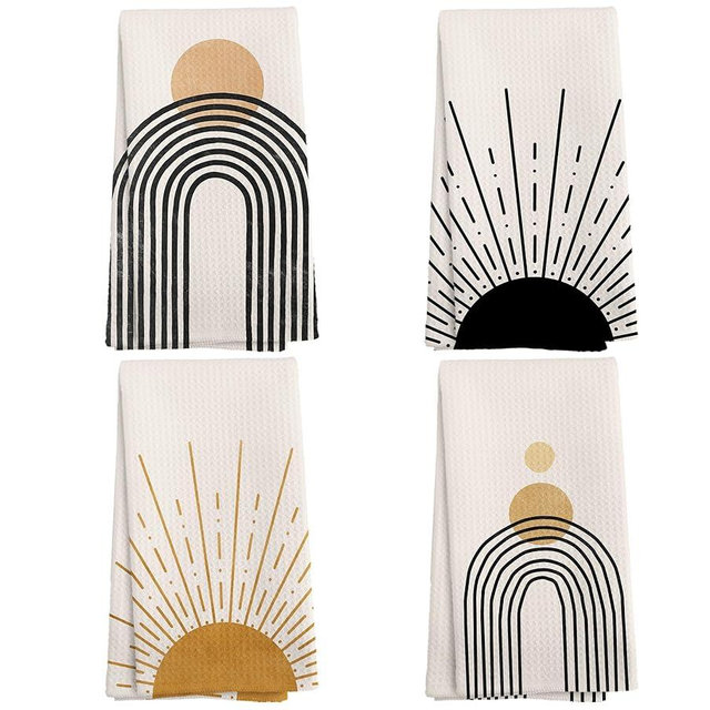 NOQL Boho Abstract Kitchen Towels and Dishcloths Set of 4, Mid Century Modern Decor Hand Towels, Boho Abstract Minimalist Sunshine Drying Cloth Hand Dish Tea Towel for Bathroom Kitchen, 16x24 Inches