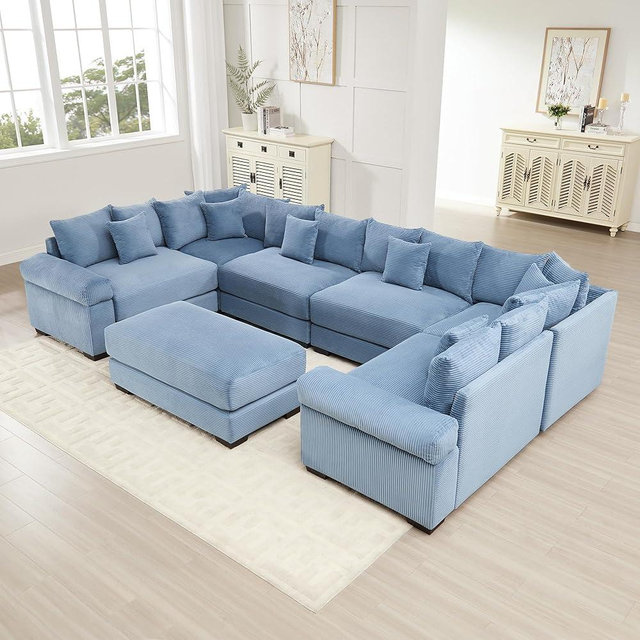 YESER Cloud Couch Modular Sectional Sofa, Deep Seat Sectional Couches for Living Room, Oversized U Shaped Couchwith 20 Throw Pillows, Comfy Corduroy Upholstery Sofa, Extra-Wide Armrests, Blue