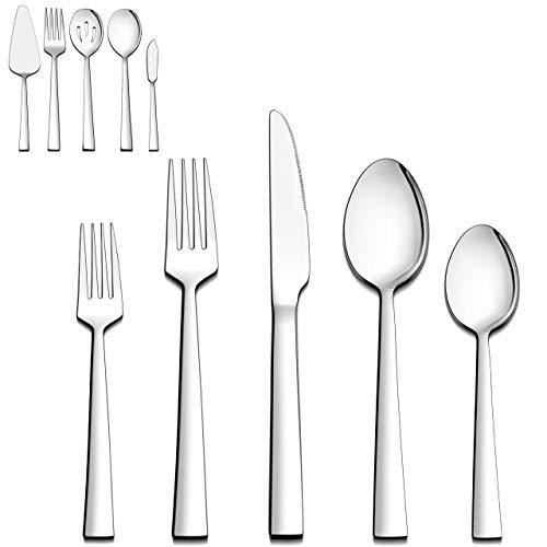 LIANYU 45-Piece Silverware Set with Serving Utensils, Stainless Steel Square Flatware Cutlery Set for 8, Eating Utensils Tableware Set, Mirror Finish