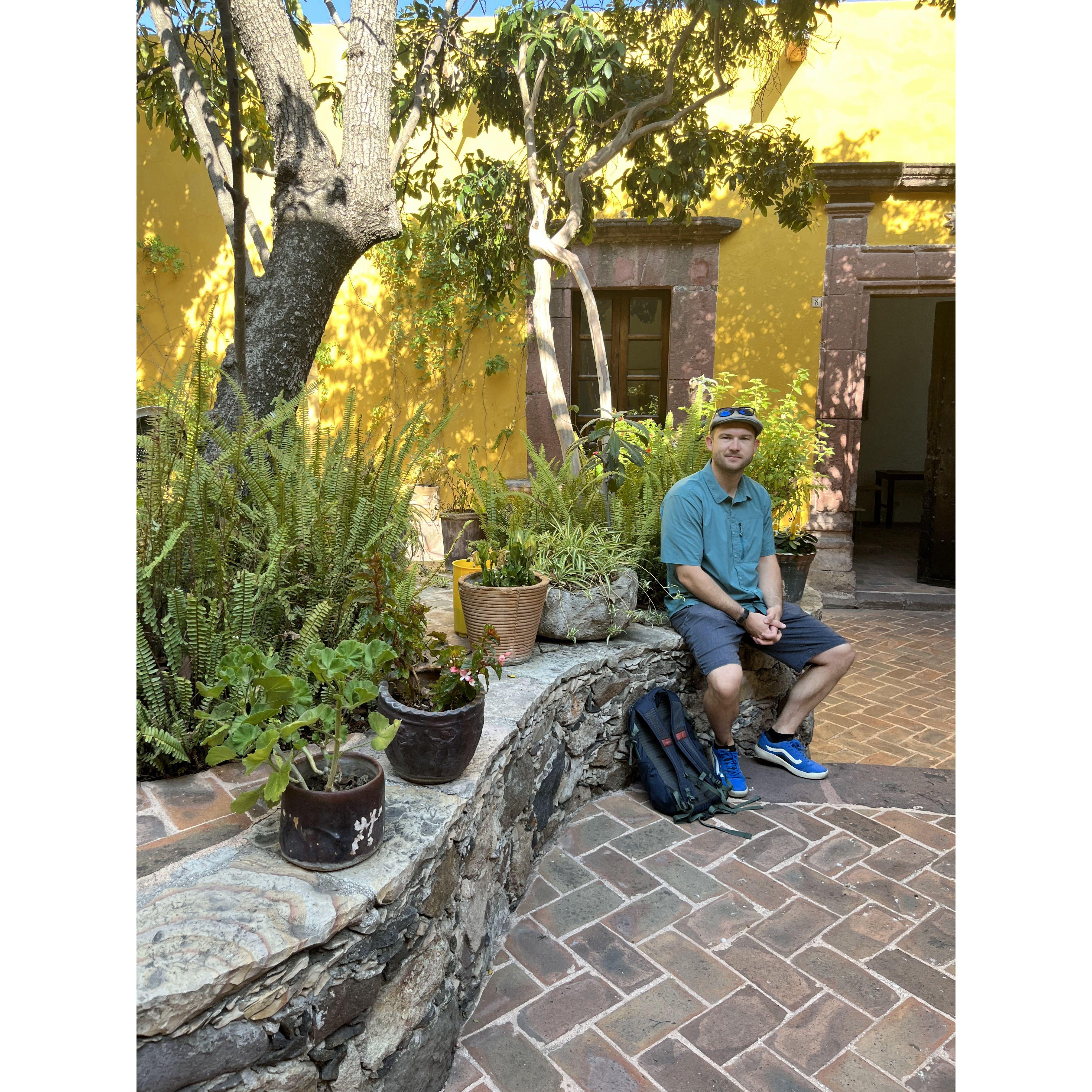 Exploring San Miguel de Allende. Brent is sitting in the exact spot where Lauren's parents first met.
