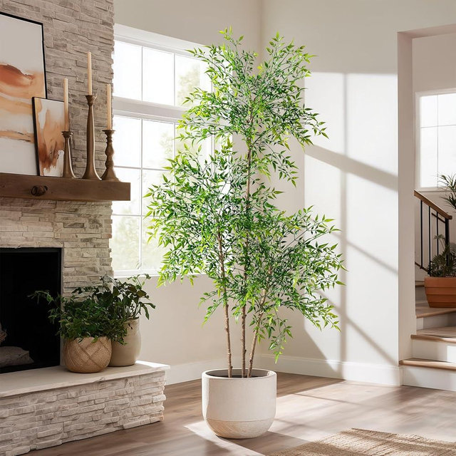 Faux Bamboo Plant Artificial Nandina Tree 5.5FT Artificial Plants Realistic 90% Better Coverage Faux Plant Bamboo Plants Faux Floor Plant in Pot for Home & Office Decor (Green, 5.5ft)