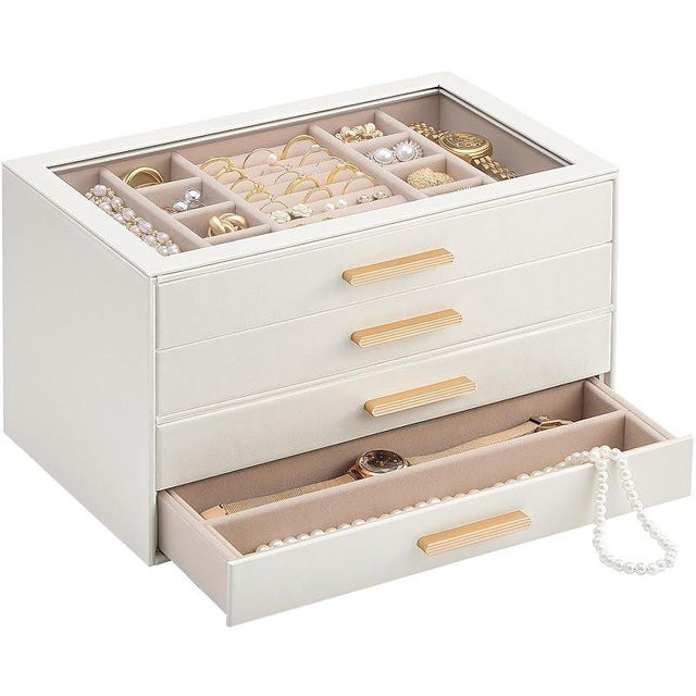 Lolalet Jewelry Box Organizer, 4-Layer Jewelry Organizers and Storage Case with Glass Lid, Ring Earring Bracelet Necklace Holder Organizer, Birthday Valentine Gifts for Women Girls -4Layer, Beige