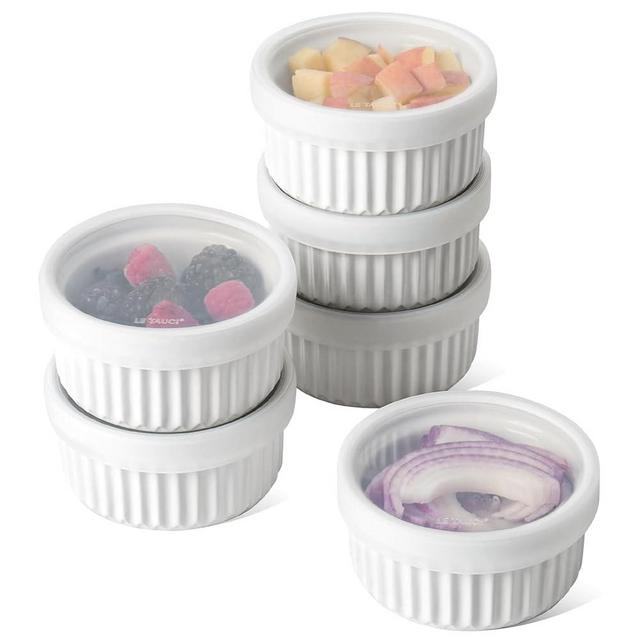 LE TAUCI Ramekins with Lids, [2nd Gen] 8 oz Oven Safe Creme Brulee Ramekin Souffle Dishes with Covers, Stackable Ceramic Bowls for Baking, Pudding, Serving Dip, Custard, Ice Cream, Set of 6, White
