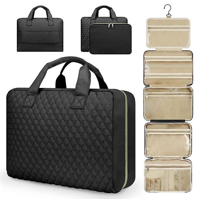 3-In-1 Detachable Hanging Travel Toiletry Bag, Large Capacity 5 Sections Makeup Cosmetic Bag with Luggage Belt, Waterproof Clear Compartment, Full-Sized Travel Organizer for Women (Black, Large)