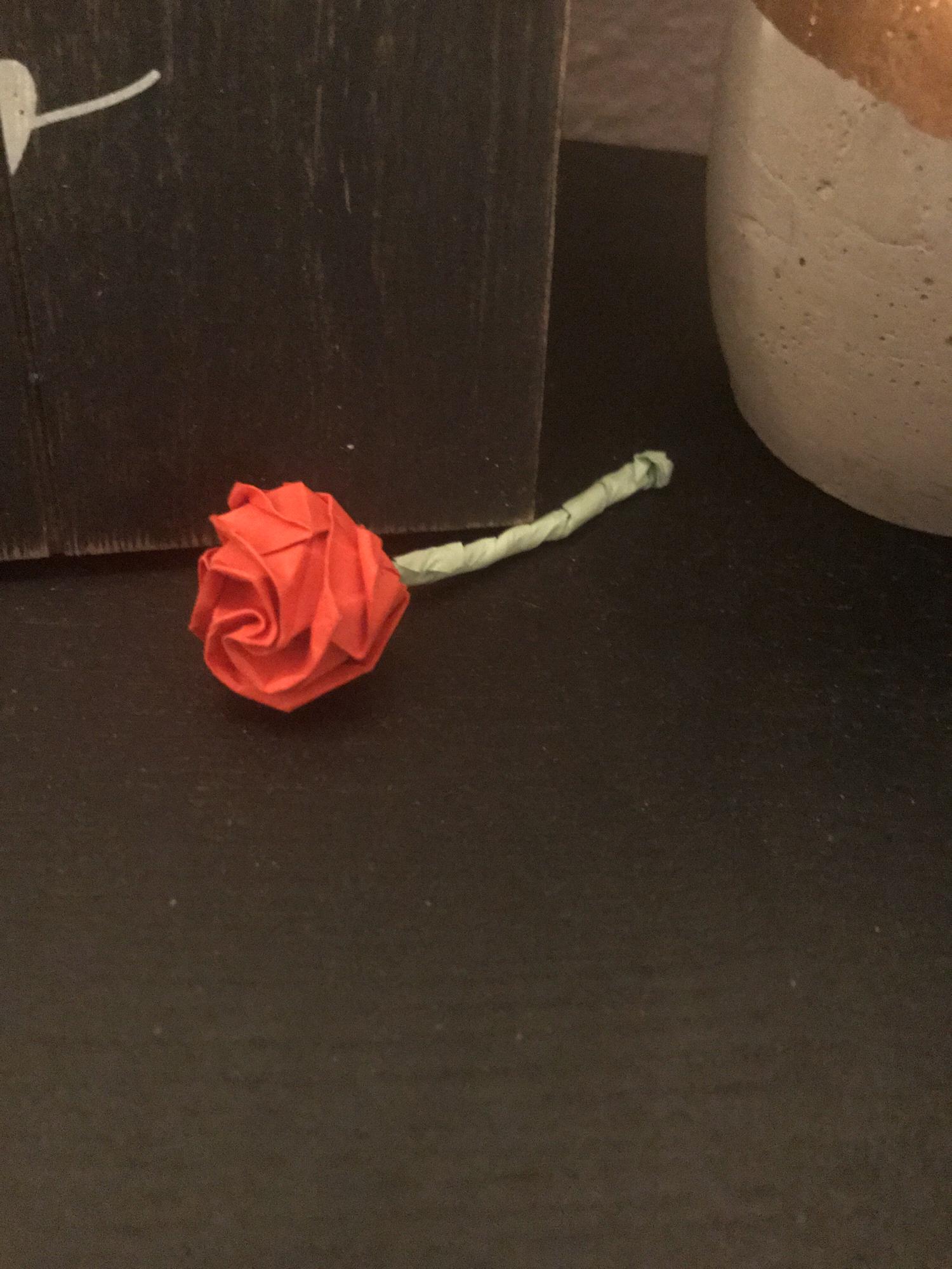 The day Luke left he gave me an origami
 rose. I still have it on my dresser. <3