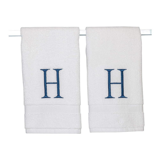 Monogrammed Hand Towels for Bathroom - Luxury Hotel Quality Personalized Initial Decorative Embroidered Bath Towel for Powder Room, Spa - GOTS Organic Certified - Set of 2 Navy Letter H