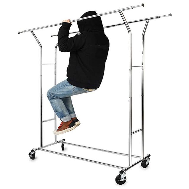 330 lbs Load Capacity Commercial Grade Clothing Garment Racks Heavy Duty Double Rails Adjustable Collapsible Rolling Clothes Rack on Wheels, Chrome Finish