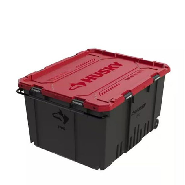 Husky 170 Gallon Pro Grip Storage Tote, Black/Red, Wheeled with Steel Handle, 48.6 x 40.1 x 27.4 inches