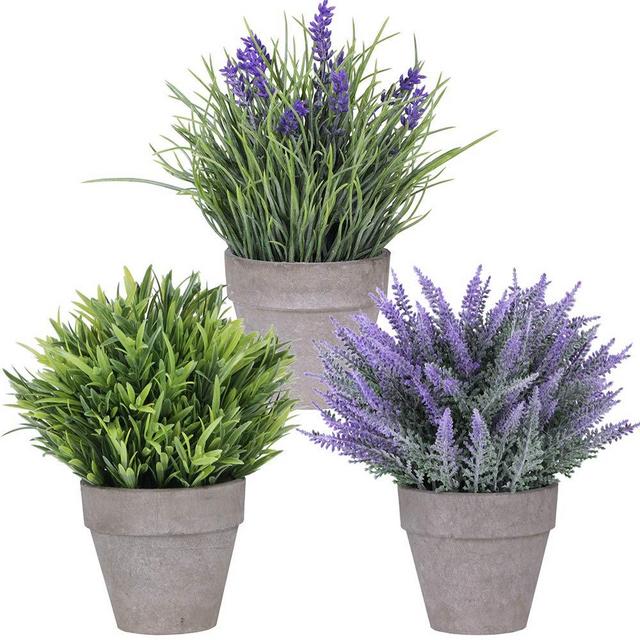 Set of 3 Artificial Lavender Flower Grass Arrangements in Pots Assorted Fake Mini Potted Plants for Farmhouse Kitchen Office Bathroom Table Centerpiece Rustic Country French Indoor Floral Decorations