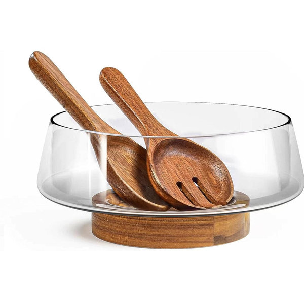 KITEISCAT Extra Large Glass Salad Bowl Set - Party Salad Bowls with Acacia Wood Base and Serving Utensils - Elegant and Practical Kitchen Must-Have