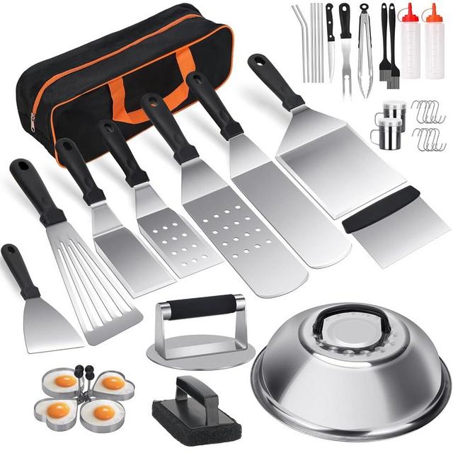 Griddle Accessories Set, 32 PCS Griddle Accessories Kit for Blackstone and Camp Chef, Flat Top Grill Accessories with Melting Dome, Enlarged Spatulas, Burger Press for Outdoor Grilling BBQ