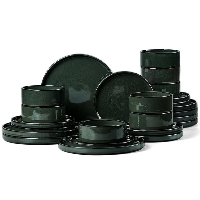 Onader Stoneware Dinnerware Sets for 8, Reactive Glaze Plates and Bowls Sets, Ceramic Dish Dinner Set with Rustic Terracotta Bottom, 24 Piece Elegant Dishware - Emerald Green