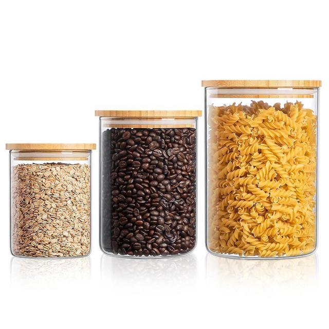 Amisglass Glass Storage Containers with Wooden Lids, Airtight Jar for Kitchen Countertop Set of 3, Pantry Flour and Sugar Canisters for Candy, Cookie, Rice, Coffee Beans, Snacks, Spices