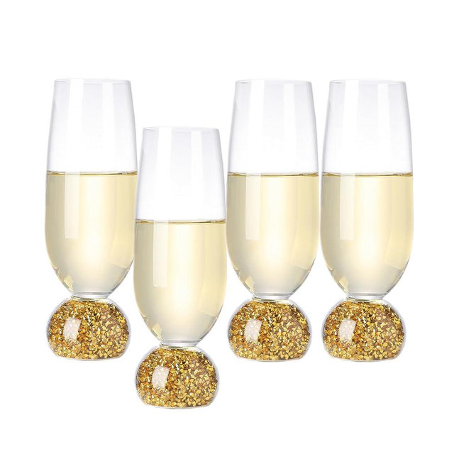 Hanjue Lead-free Crystal Champagne Glasses Set of 4, 7 Oz Clear Champagne Flutes, Ideal for Gifts, Parties,Wedding,Christmas - Long-lasting and Reusable Bar Glassware (Gold crushed diamonds)