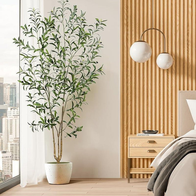Leflos Faux Olive Tree Artificial Indoor, 6ft Tall Fake Olive Tree with Decorative Planter & Moss for Home Decor, Dense Olive Potted Plant with Realistic Trunks, Adjustable Branch and Black Olives