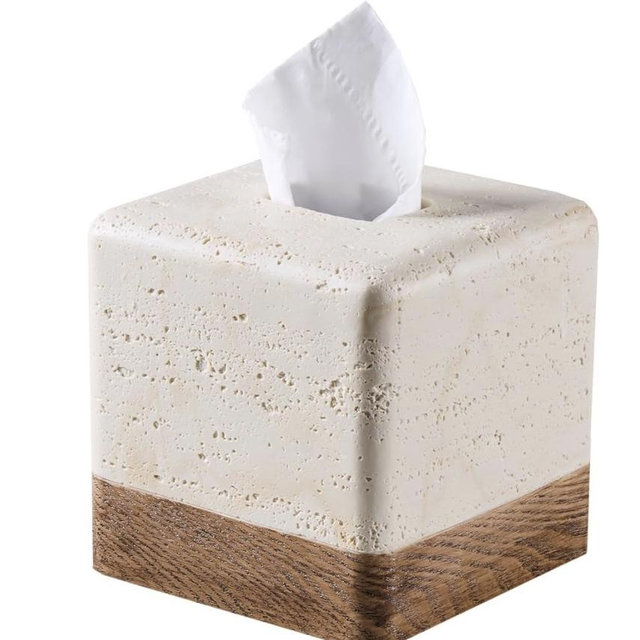 Natural Travertine Match Wooden Square Tissue Box Cover Decorative,Resin Heavy Sturdy Tissue Box Holder, Facial Paper Holder for Bathroom Vanity Countertop, Bedroom Night Stand,Office and End Table