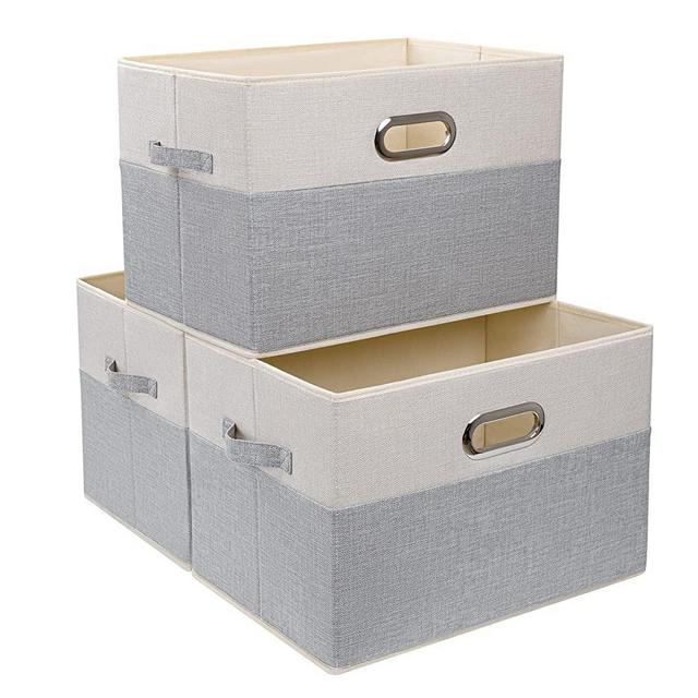 DIMJ Storage Basket for Shelves, 3 Pack Large Closet Storage Bins, Foldable Rectangular Fabric Basket for Clothes, Toys, Home, Beige/Grey Large
