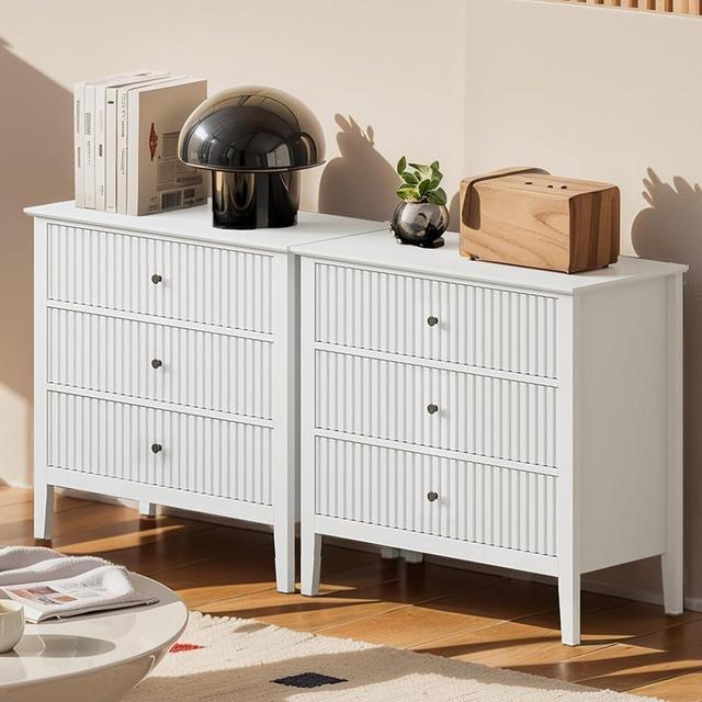 May in Color Large White Fluted 3 Drawer Dresser Set of 2, Chest of Drawers with Ball Bearing Slide Modern 30 inch Tall Wood Nightstand with Spacious Storage for Bedroom Hallway Living Room Entryway