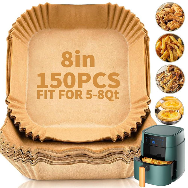 DSMY 150 PCS Air Fryer Disposable Paper Liners,8 Inch Square Parchment Disposable Paper Liner for 5-8QT Air Fryer,Baking, Roasting and Microwave, Non-Stick Airfryer Accessories