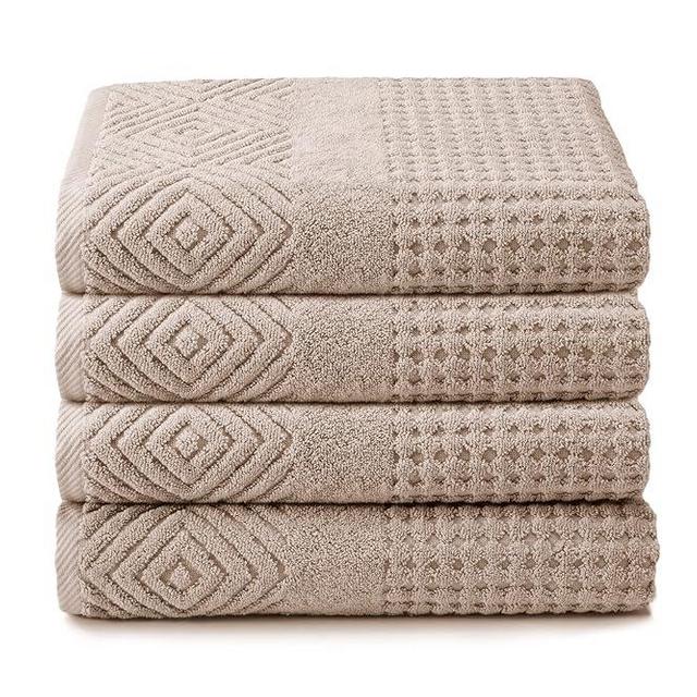 Texere 100% Organic Cotton Diamond Jacquard 700 GSM Luxury Bath Towel Sets - Ultra Soft and Absorbent Hotel and Spa Quality (Diamond, Oxford Tan, 4 Bath Towels)