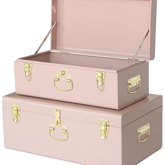 Vixdonos Decorative Metal Box Storage Trunks Set of 2 College Dorm Chest with Handle (Pink)