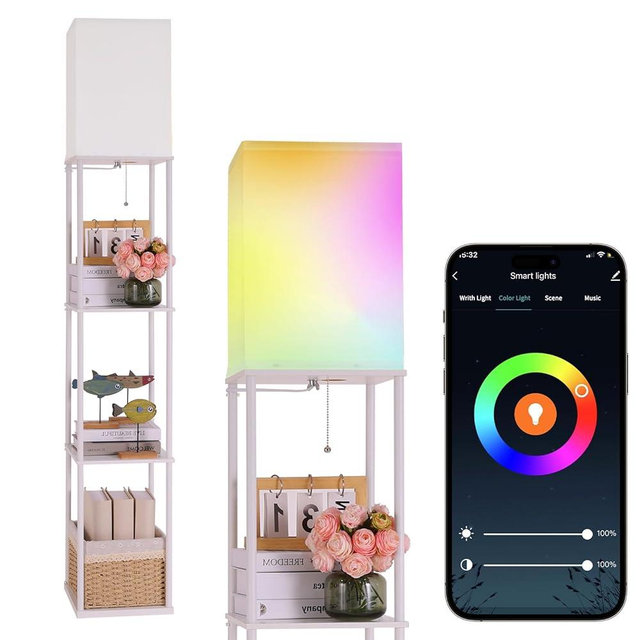 Gupuzm Floor Lamp with Shelves, with Modern Square Standing Lamp with Smart APP Control RGB Bulb, Corner Display Bookshelf Lamp for Living Room, Bedroom and Office (White-9RGB)