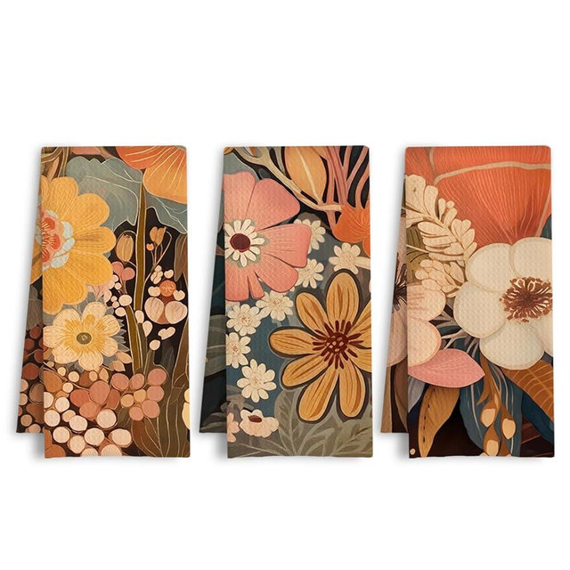 HSIASHENG Boho Abstract Floral Kitchen Towels, Vintage Botanical Dish Tea Towels, Mid Century Modern Flower Plant Decorative Hand Towel for Bathroom Kitchen, 16x24 Inch Set of 3