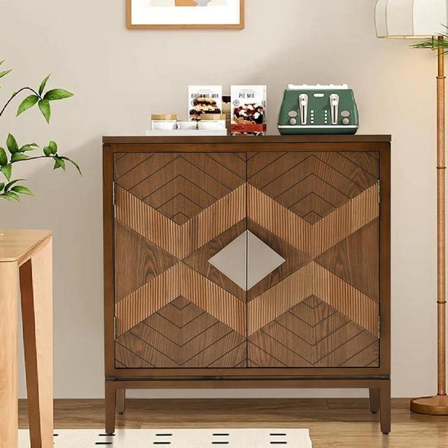 Ahokua Mid-Century Modern Cabinet with 2 Doors, Sideboard Buffet with Storage, Carved Wood Accent with Geometric Design for Kitchen, Hallway, Living Room, Farmhouse