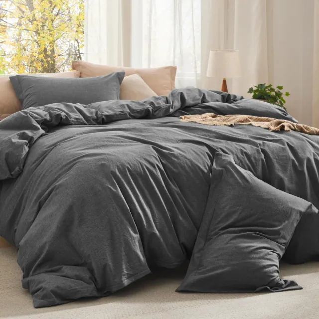 Cotton Fabric with Microfiber Inner Fill 3 Pcs Queen Size Comforter Set for All Seasons Dark Grey - Bedsure