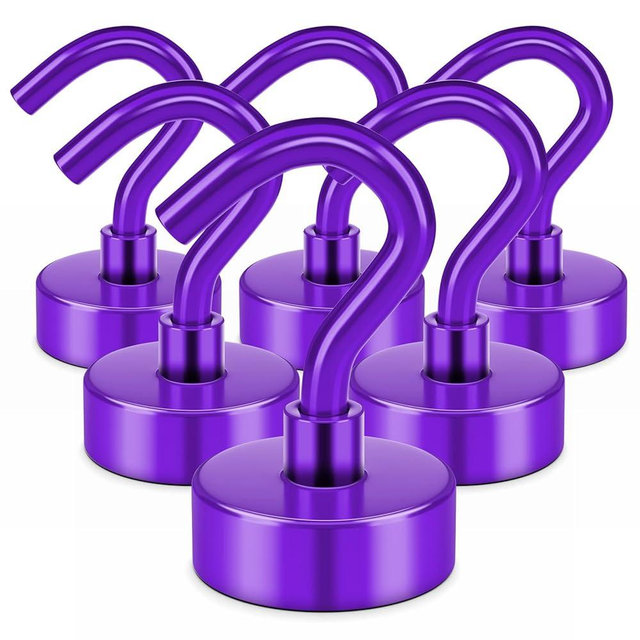 FINDMAG Magnetic Hooks, 6 Pack Magnet with Hook N52 Grade, Strong Magnetic Hook Heay Duty for Hanging, Magnetic Hanger for Cruise Cabins, Classroom, Grill, Purple
