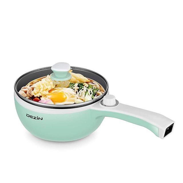 Dezin Electric Hot Pot Upgraded, Non-Stick Sauté Pan, Rapid Noodles Cooker, 1.5L Mini Pot for Steak, Egg, Fried Rice, Ramen, Oatmeal, Soup with Temperature Control, Seafoam Green (Egg Rack Included)