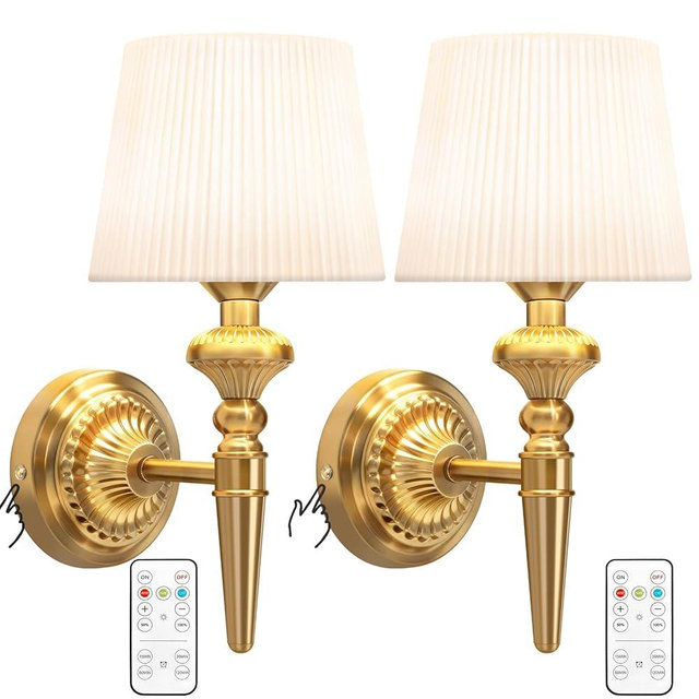 Cordless Battery Powered Wall Sconce Vintage Set of 2, Touch Type & Remote, Timer, Wireless 6800mAh Rechargeable Battery Small Wall Lamp for Wall Painting, Living Room, Bedroom, Hallway, Gifts(Gold)
