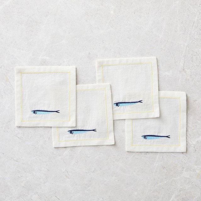 Sardine Embroidered Cocktail Napkin, Flax, Set of 4